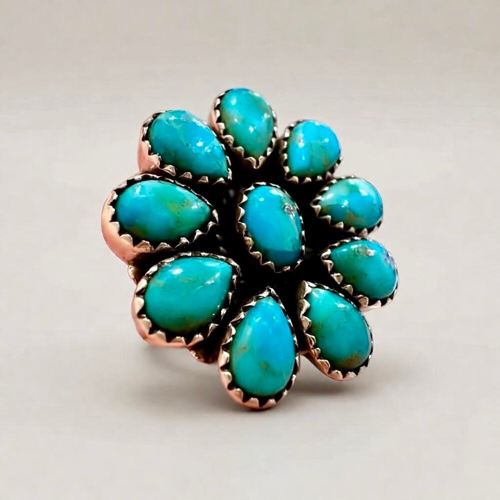 Kingman Turquoise Cluster Ring Sterling Silver 925 Oval Teardrop Sawtooth Size 7 - Picture 5 of 10
